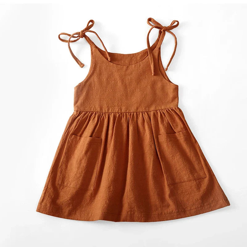 Girls' Summer Suspender Dress: Solid Color with Pocket