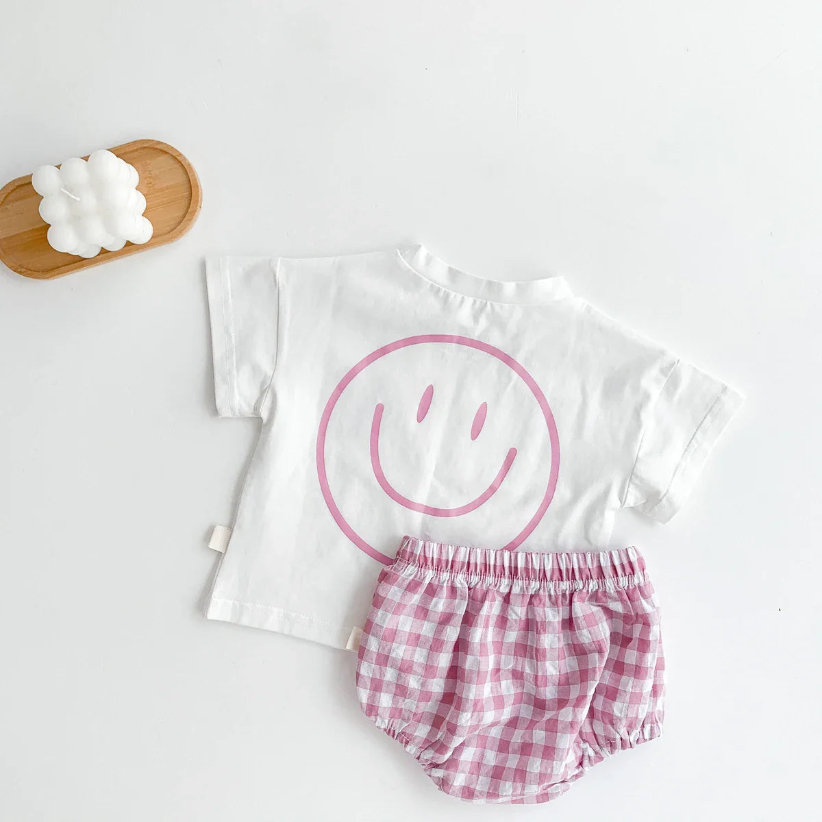 Smile Face Cotton T-shirt + Plaid Shorts Set: Summer Baby Outfit