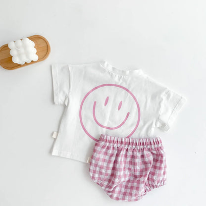 Smile Face Cotton T-shirt + Plaid Shorts Set: Summer Baby Outfit