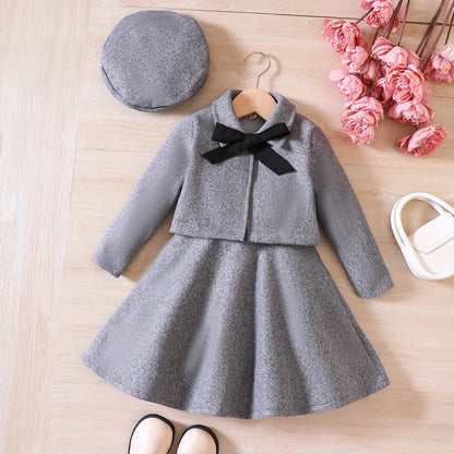 Girls' Autumn/Winter Bow Fleece Coat+Tank Top Dress+Beret