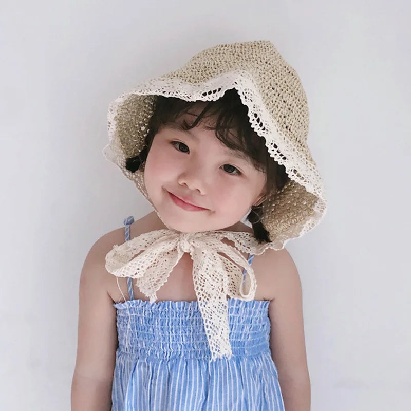 Summer Princess Lace Straw Sun Hat for Girls 2-5Y