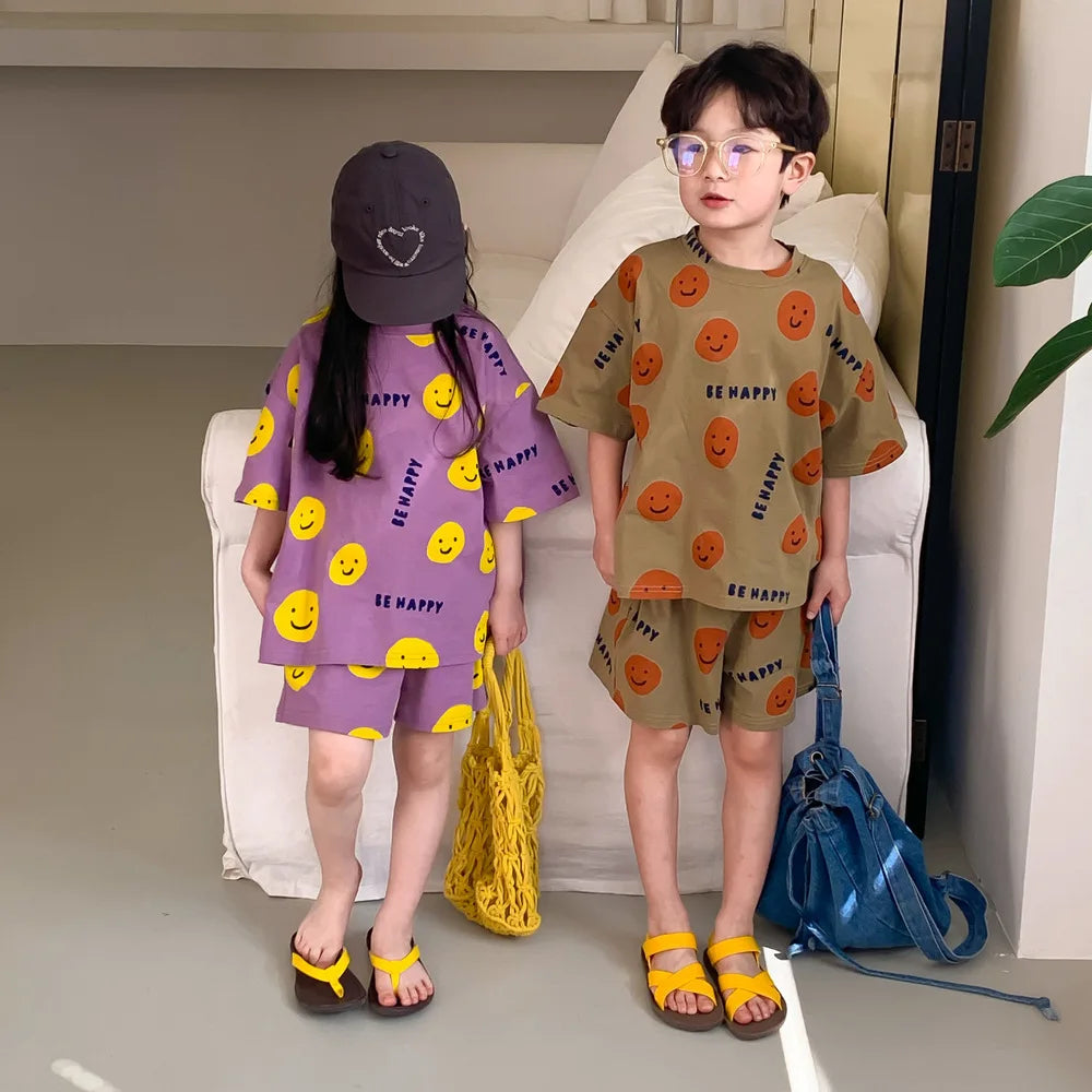 Short-Sleeved Shorts Set with Cartoon Smiley Face for Kids