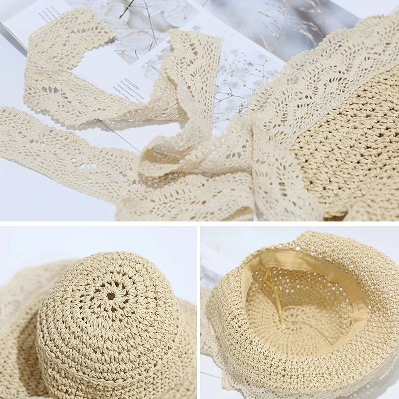 Cute Lace Straw Sun Hat: Wide Brim Panama Cap