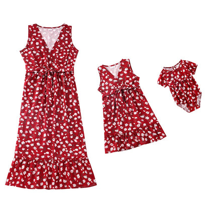 Dress Mother Daughter V Neck Sleeveless In Family Matching