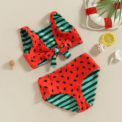 Watermelon Print Striped Swimsuit: Kid Girl's Two-Piece Beach Bathing Suit
