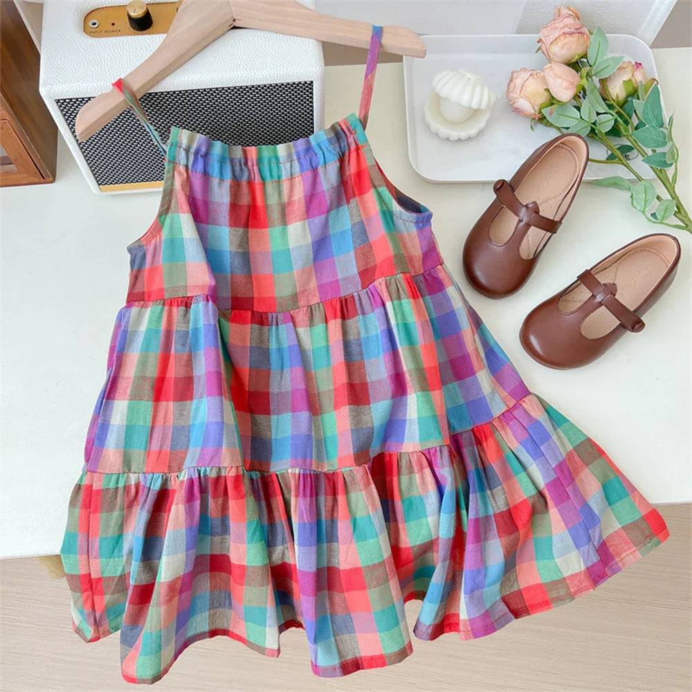 Summer Girls' Colorful Plaid Strap Dress