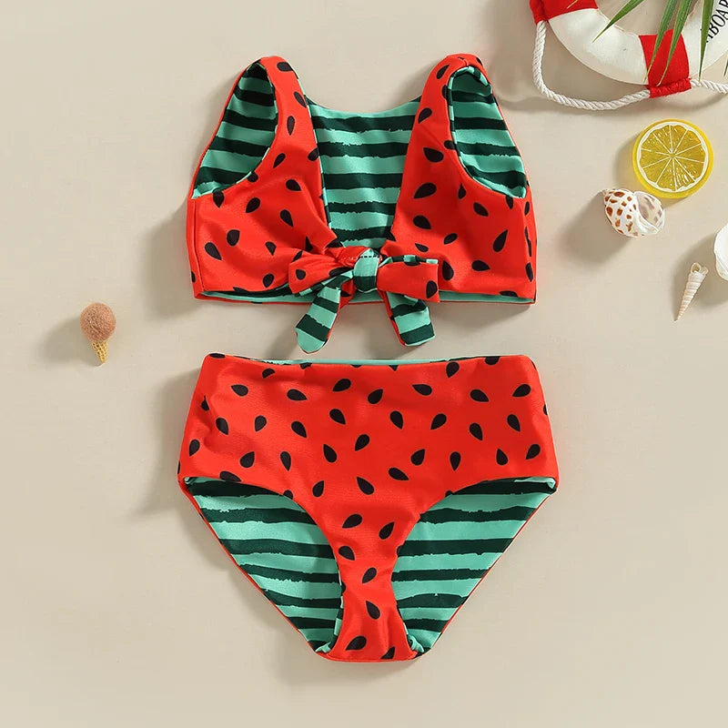Watermelon Print Striped Swimsuit: Kid Girl's Two-Piece Beach Bathing Suit