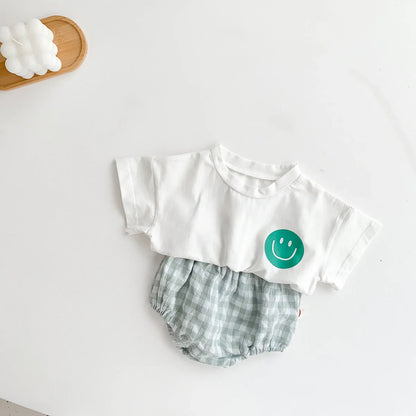 Smile Face Cotton T-shirt + Plaid Shorts Set: Summer Baby Outfit
