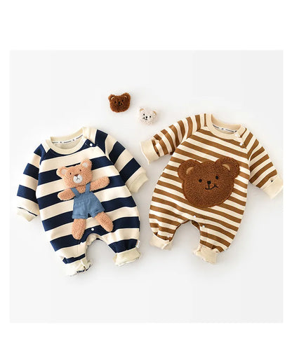 Thick Lining Baby Rompers - Striped Bear Outfit