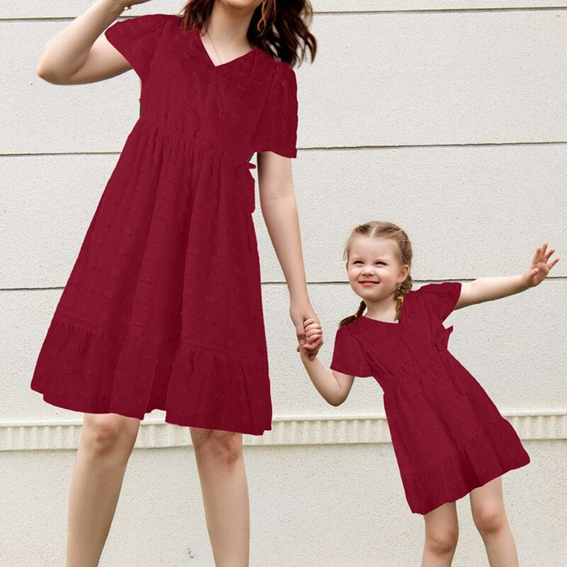 Family Matching Clothes  Dress For Mother Daughter V Neck Short Sleeve