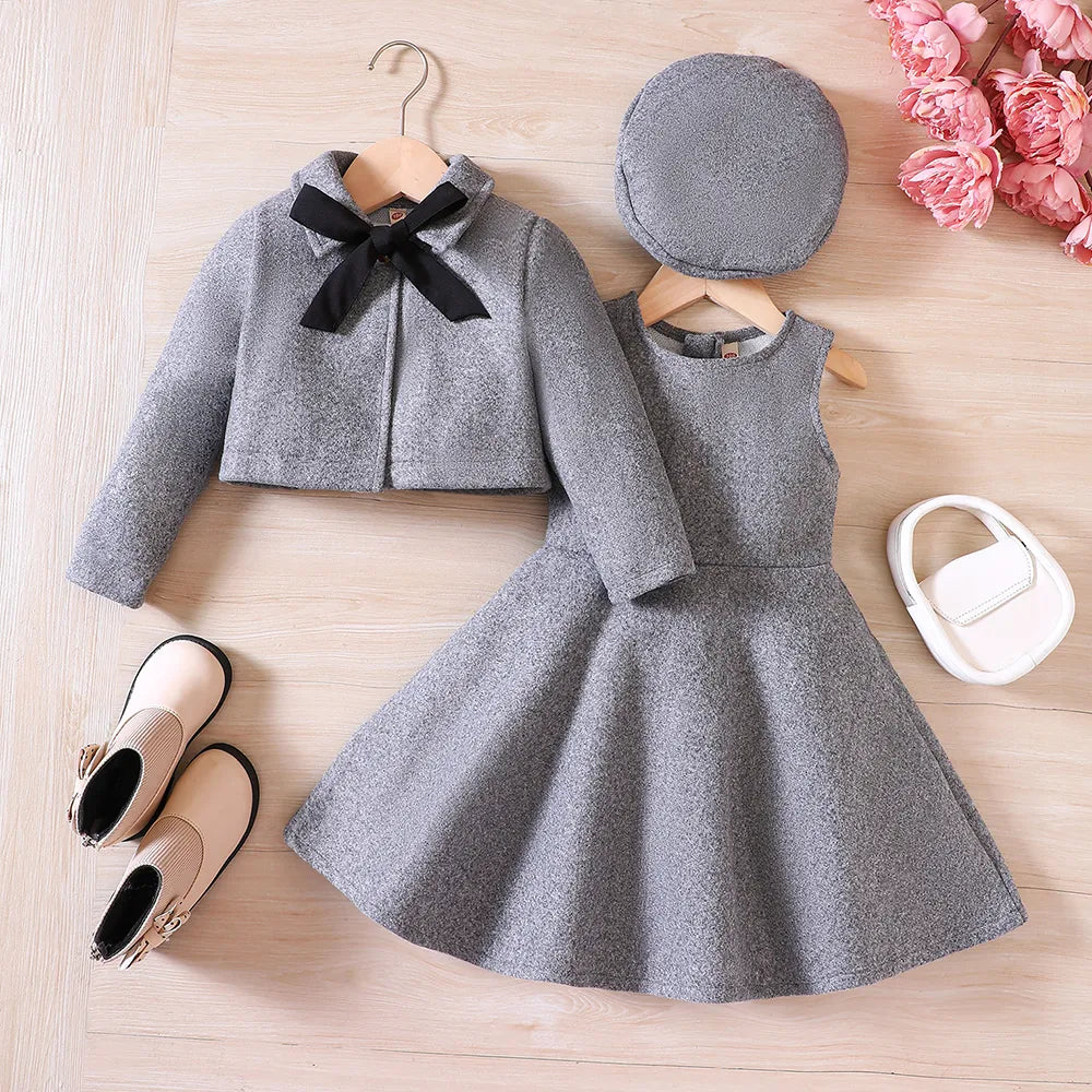 Girls' Autumn/Winter Bow Fleece Coat+Tank Top Dress+Beret