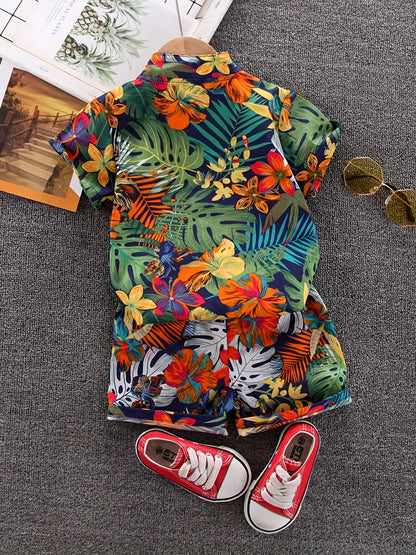 Summer Leaf & Flower Print Short Sleeve Set for Children
