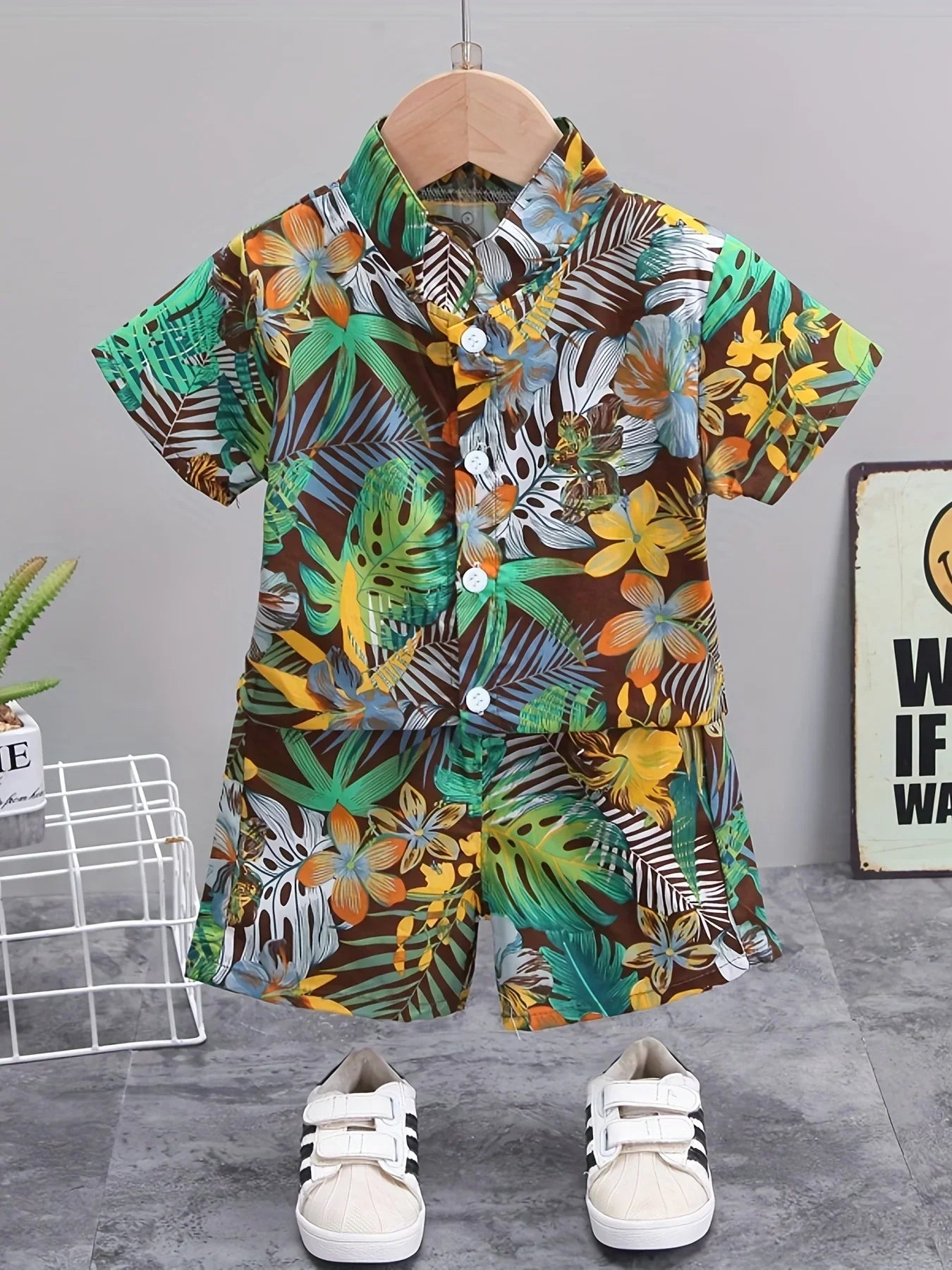 Summer Leaf & Flower Print Short Sleeve Set for Children