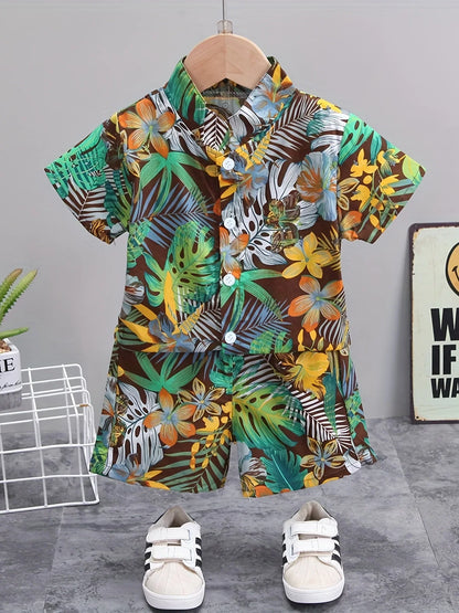 Summer Leaf & Flower Print Short Sleeve Set for Children