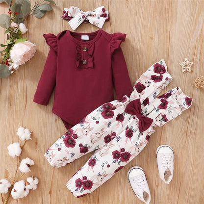 Baby Girl Red Long Sleeve Bodysuit + Flower Strap Pants Set