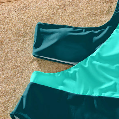Family Matching: One-Shoulder Swimsuits & Striped Trunks