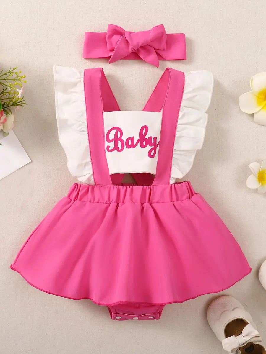 Summer Pink Creeper Dress Set with Hair Accessories for Toddlers