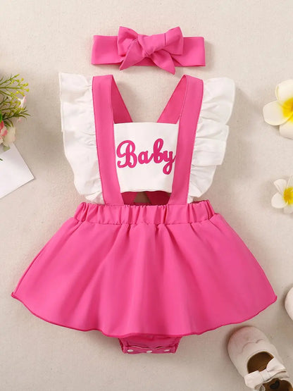 Summer Pink Creeper Dress Set with Hair Accessories for Toddlers