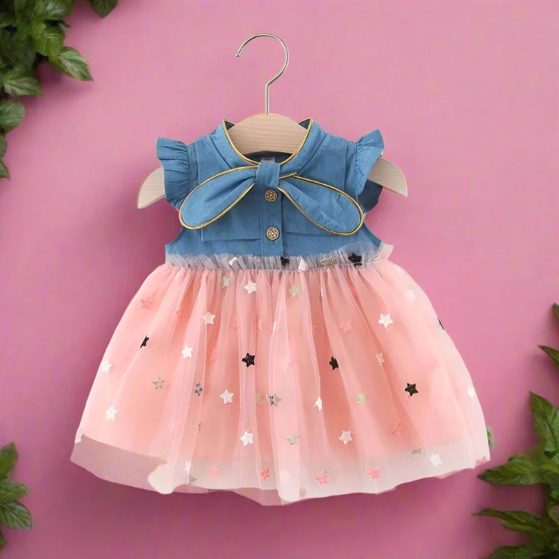 Girls' Summer Bow Denim Dress with Flying Sleeves