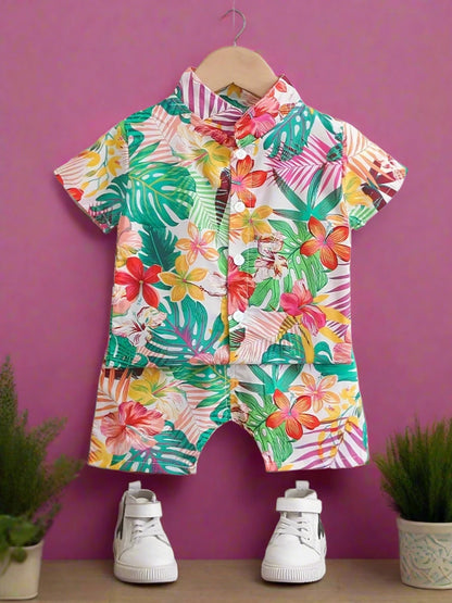 Summer Leaf & Flower Print Short Sleeve Set for Children
