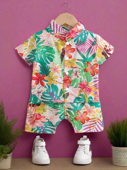 Summer Leaf & Flower Print Short Sleeve Set for Children