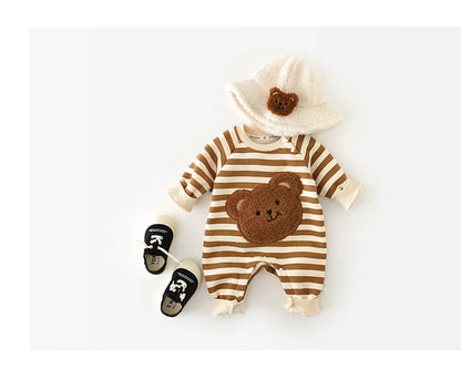 Thick Lining Baby Rompers - Striped Bear Outfit