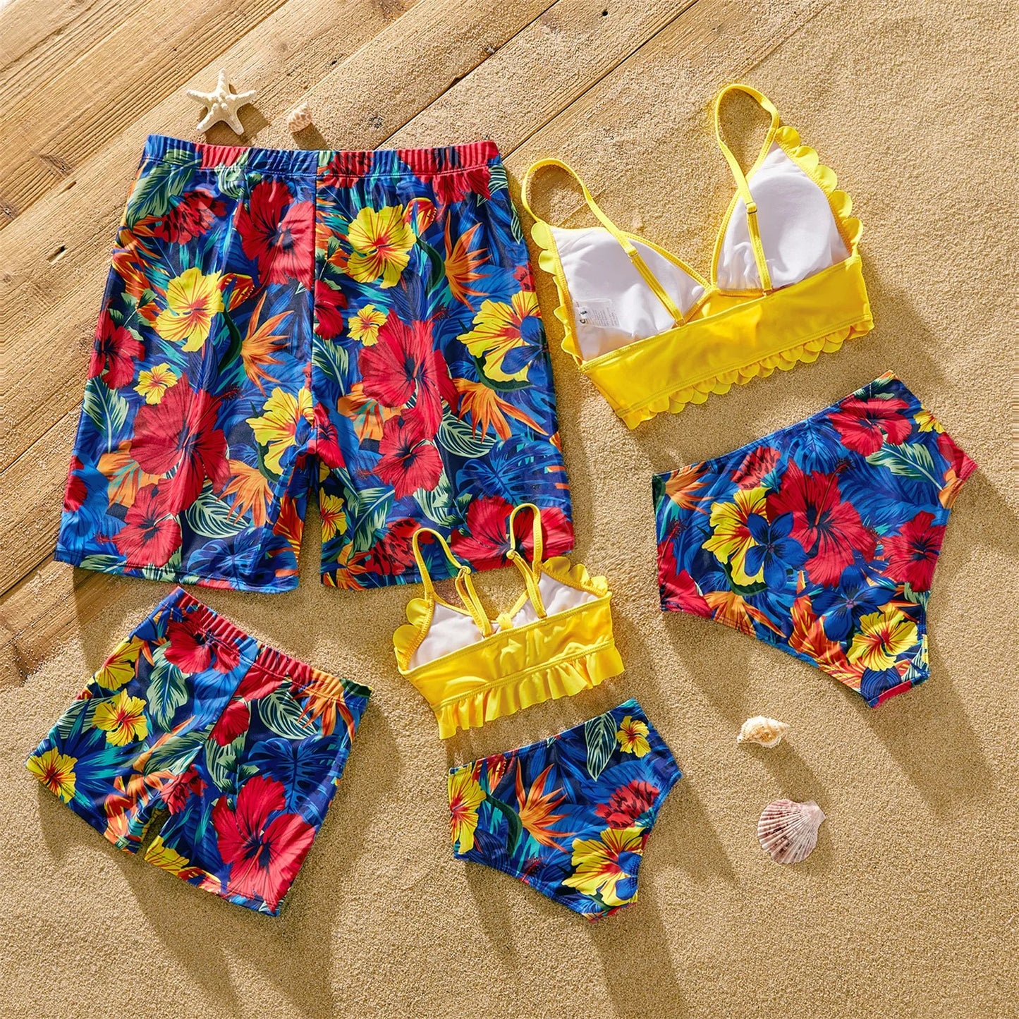 Family Matching: Solid Scallop Two-Piece & Floral Trunks