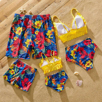 Family Matching: Solid Scallop Two-Piece & Floral Trunks