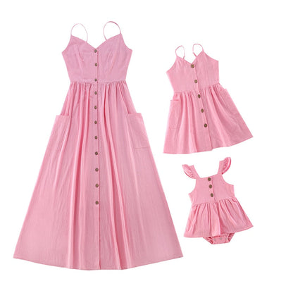 Button Dress with Pocket Baby Overall Rompers Family Matching Outfits