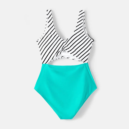 Family Matching Swimwear: Striped One-Piece & Colorblock Trunks, Summer Ready