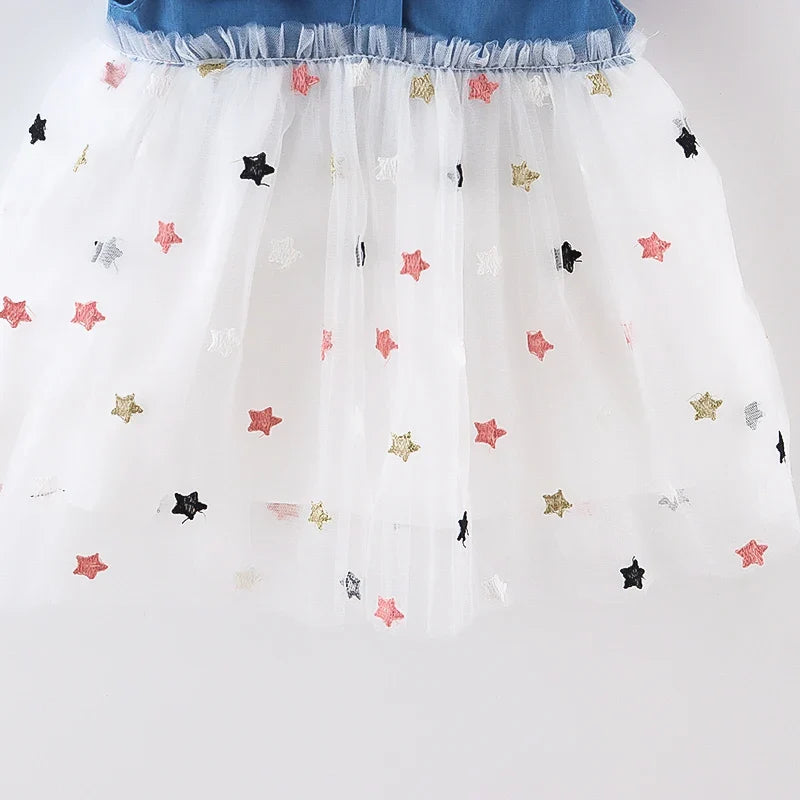 Girls' Summer Bow Denim Dress with Flying Sleeves