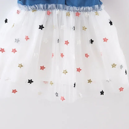 Girls' Summer Bow Denim Dress with Flying Sleeves