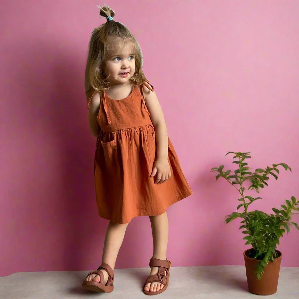 Girls' Summer Suspender Dress: Solid Color with Pocket