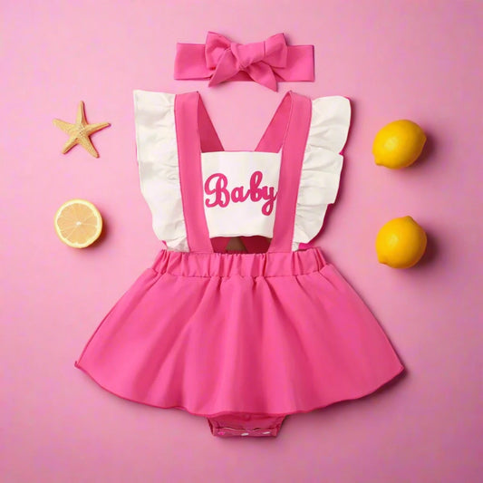Summer Pink Creeper Dress Set with Hair Accessories for Toddlers