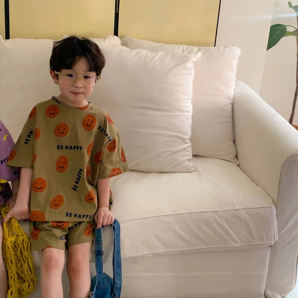 Short-Sleeved Shorts Set with Cartoon Smiley Face for Kids