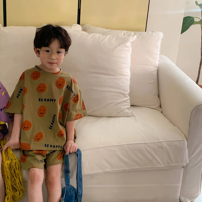 Short-Sleeved Shorts Set with Cartoon Smiley Face for Kids