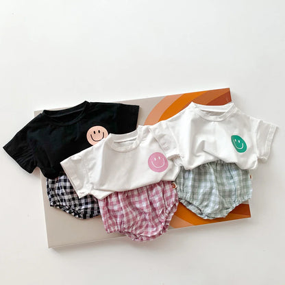 Smile Face Cotton T-shirt + Plaid Shorts Set: Summer Baby Outfit