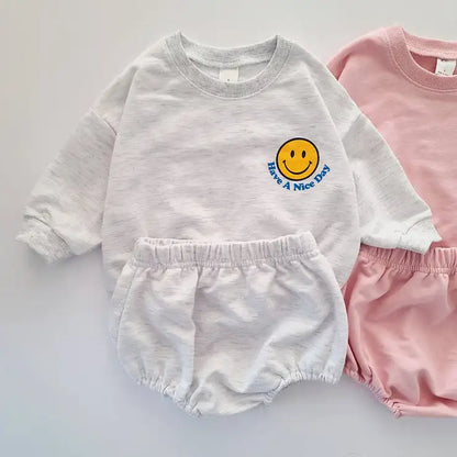 Smiley Face Print Cotton Sweatershirt + PP Short Pants Set: Toddler Sports Outfit