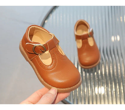 Kids T-Strap Leather Flats: Breathable