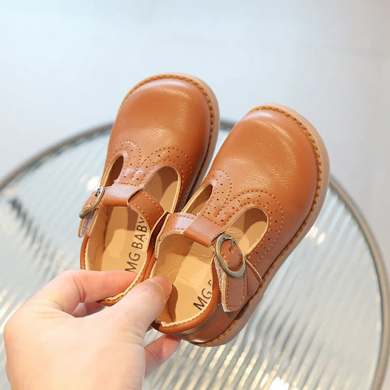 Kids T-Strap Leather Flats: Breathable