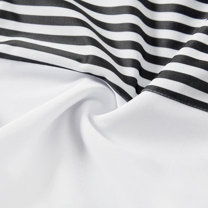 Family Matching: One-Shoulder Swimsuits & Striped Trunks