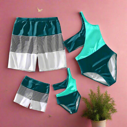 Family Matching: One-Shoulder Swimsuits & Striped Trunks