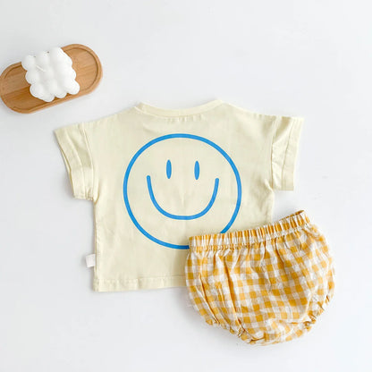 Smile Face Cotton T-shirt + Plaid Shorts Set: Summer Baby Outfit