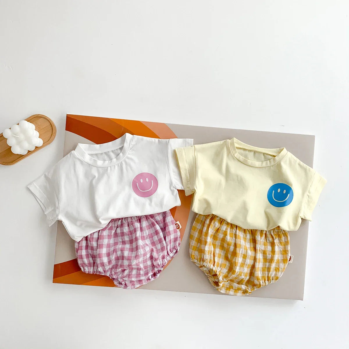 Smile Face Cotton T-shirt + Plaid Shorts Set: Summer Baby Outfit