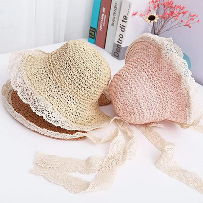 Summer Princess Lace Straw Sun Hat for Girls 2-5Y