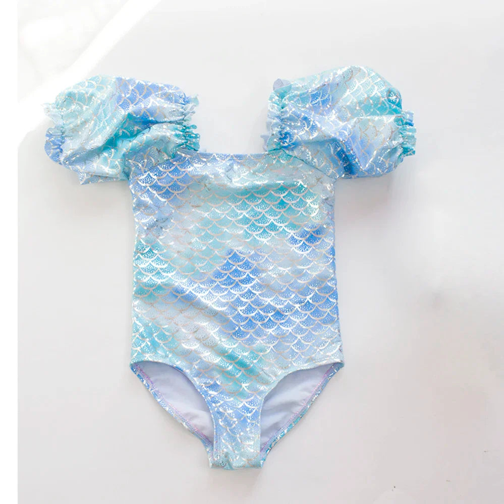 Gradient Puff Sleeve Girls' Swimsuit - Mermaid Bathing Suit