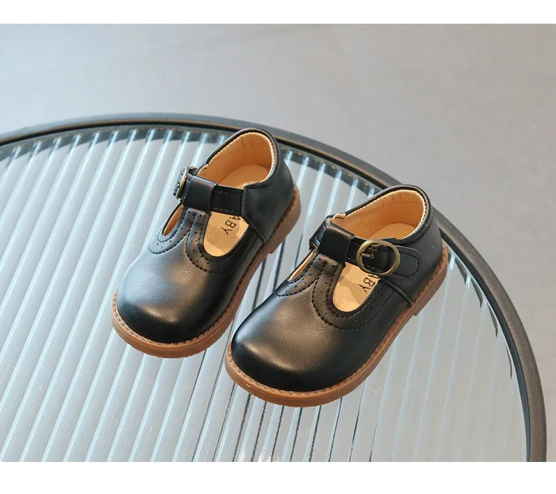 Kids T-Strap Leather Flats: Breathable