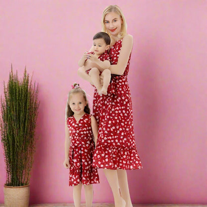 Dress Mother Daughter V Neck Sleeveless In Family Matching