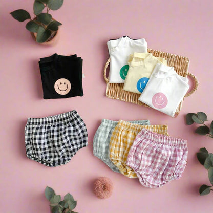 Smile Face Cotton T-shirt + Plaid Shorts Set: Summer Baby Outfit