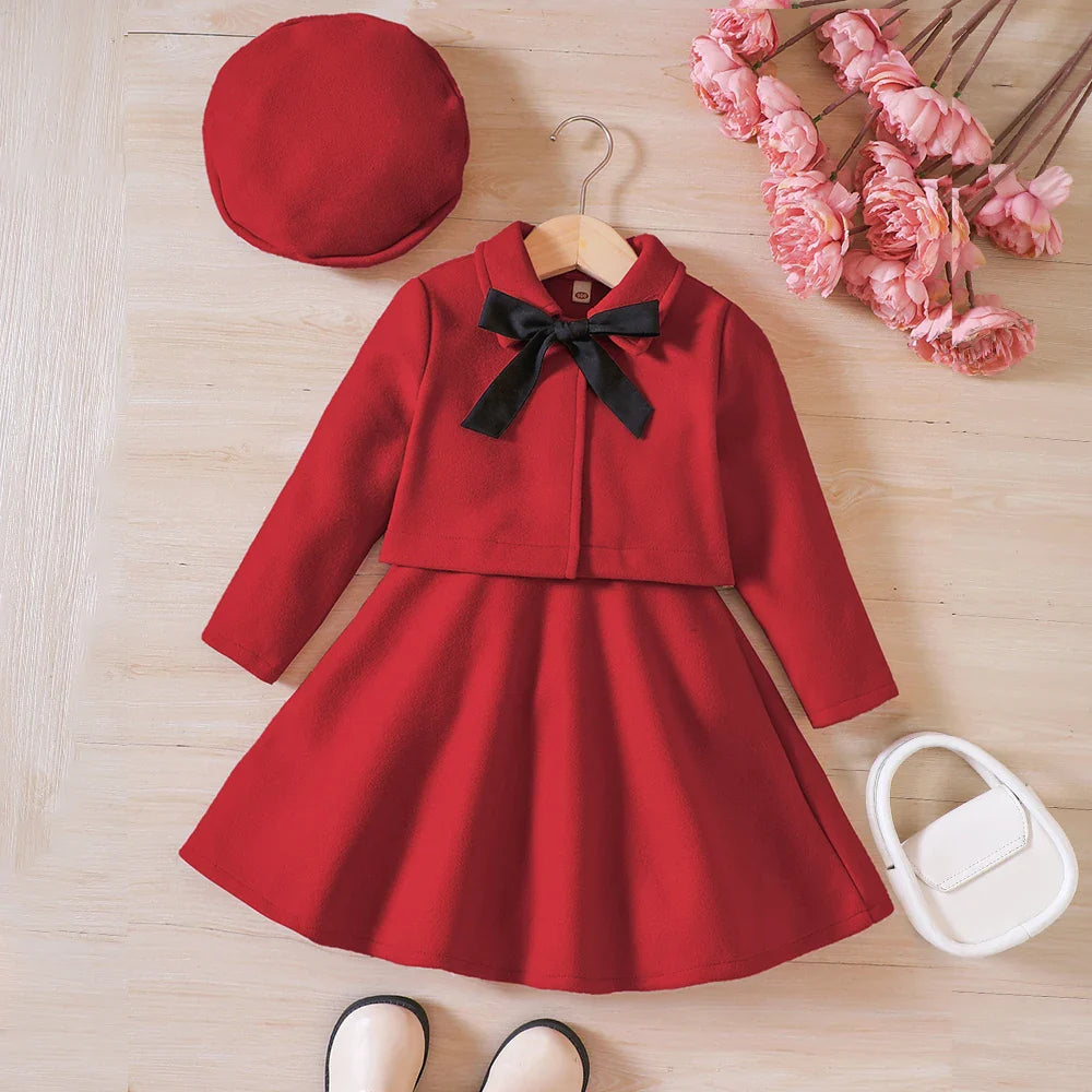 Girls' Autumn/Winter Bow Fleece Coat+Tank Top Dress+Beret